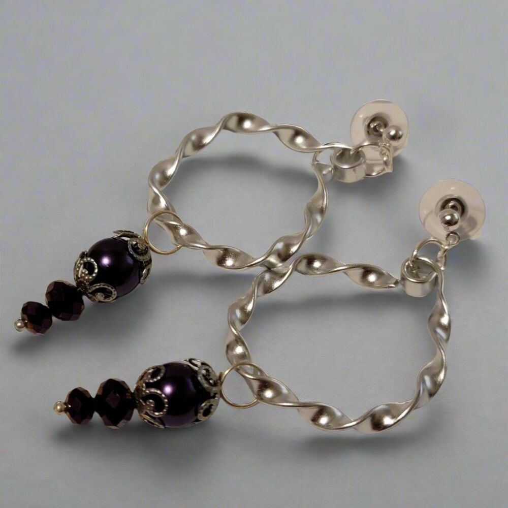 Handmade Twisted Hoop Earrings /w Purple Bead Dangles  Artisan Statement Jewelry